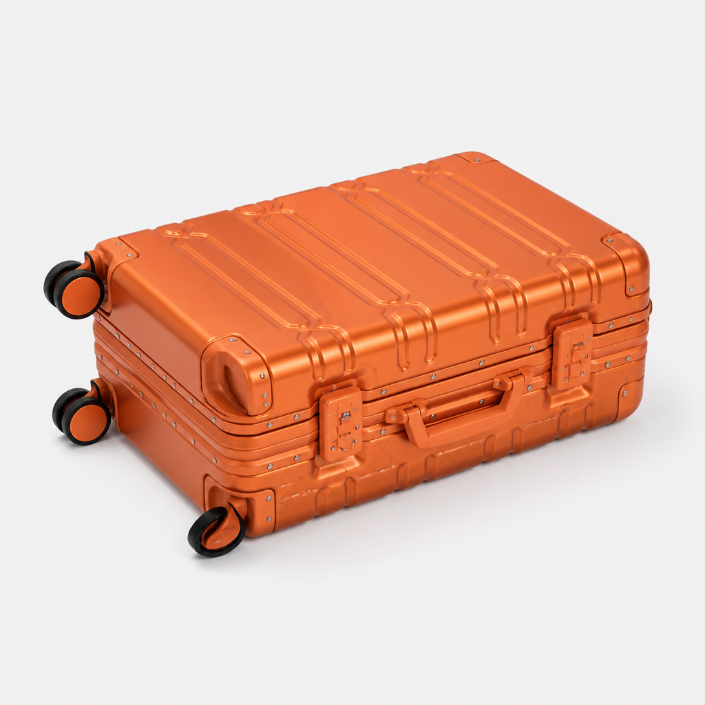 Valise cabine en aluminium orange, sol studio gris