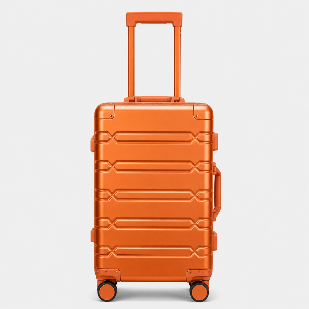 Valise cabine en aluminium orange, face studio gris