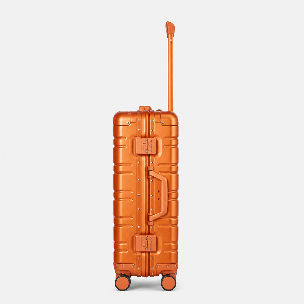 Valise cabine en aluminium orange, profil studio gris