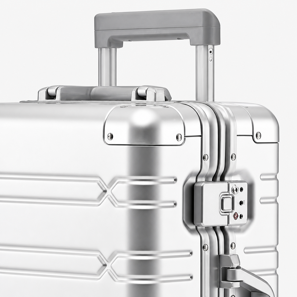 Valise cabine en aluminium argent, gros plan studio gris