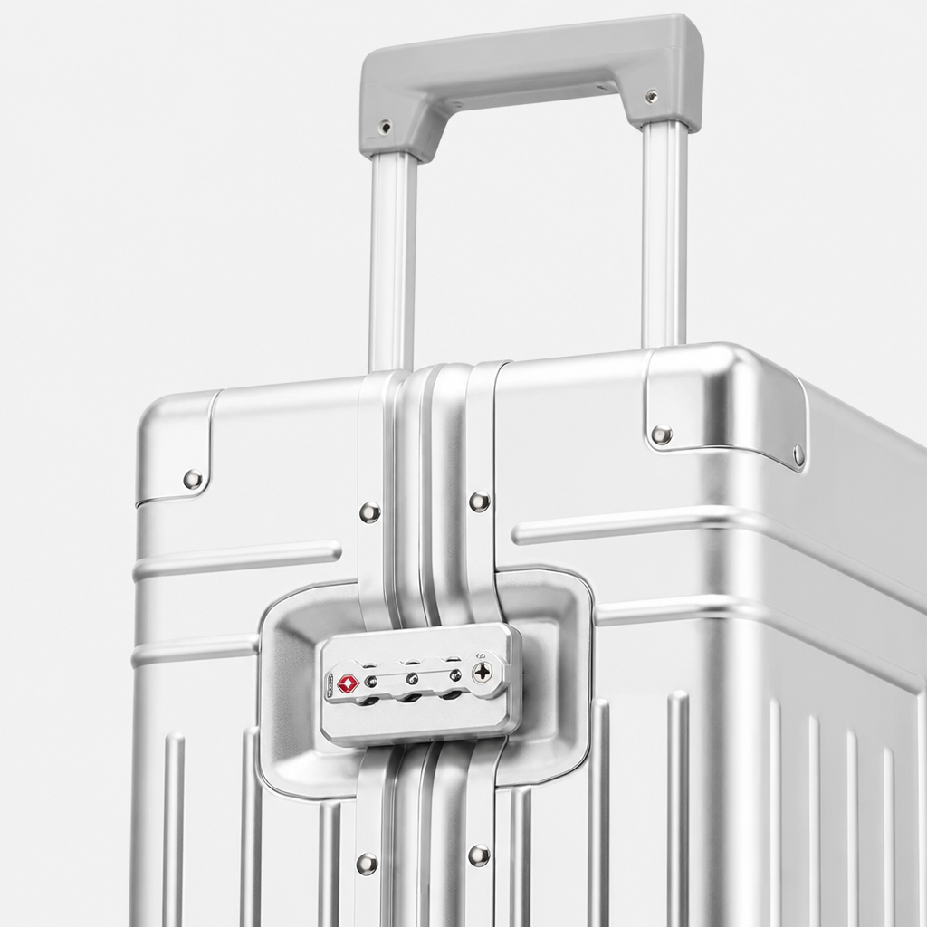 Valise coque en aluminium argent, gros plan studio gris