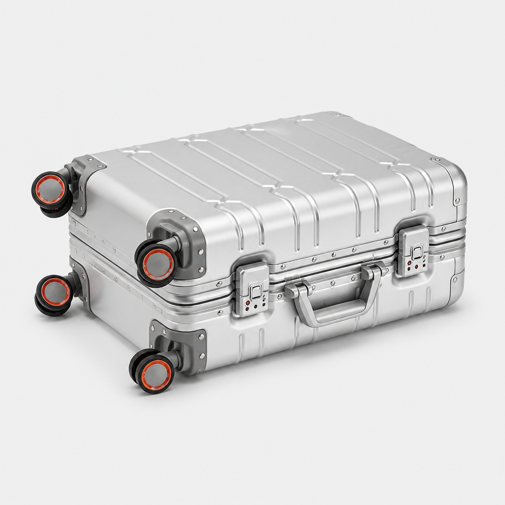 Valise cabine en aluminium argent, sol studio gris