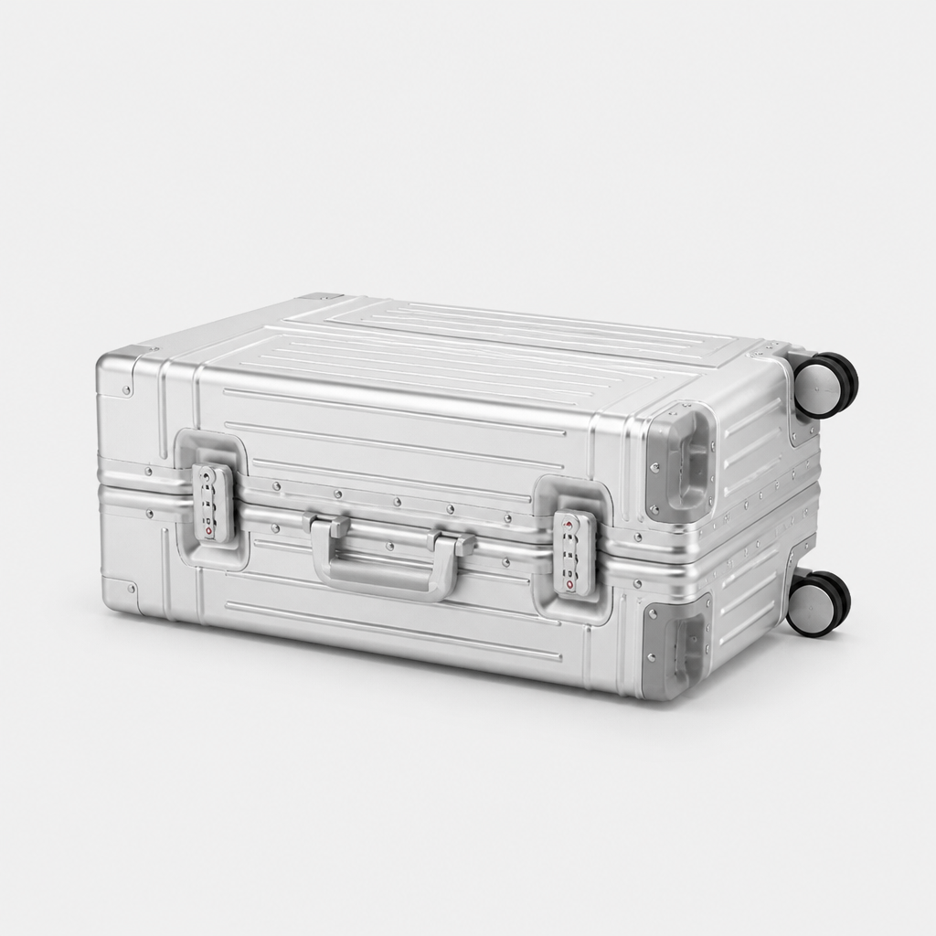 Valise coque en aluminium argent, sol studio gris