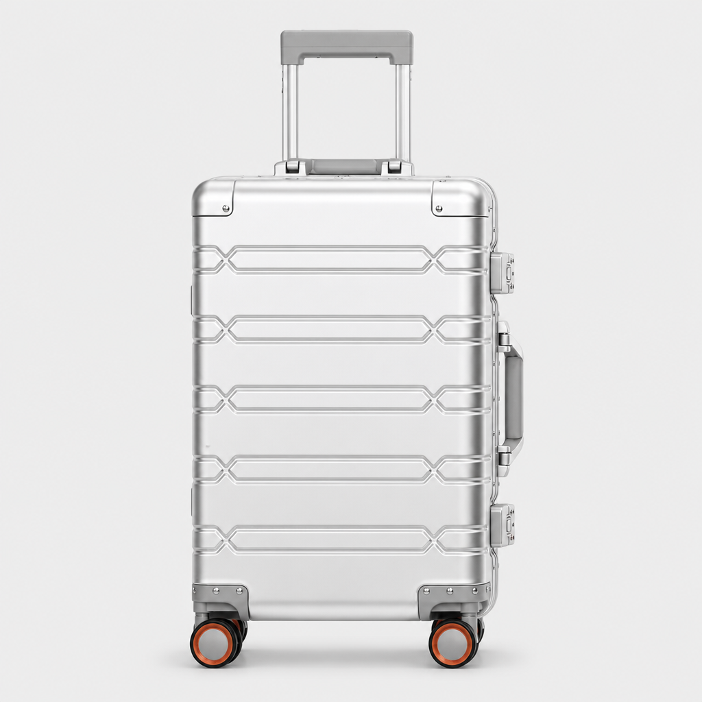 Valise cabine en aluminium argent, face studio gris