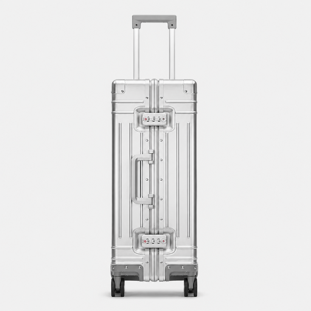 Valise coque en aluminium argent, face studio gris