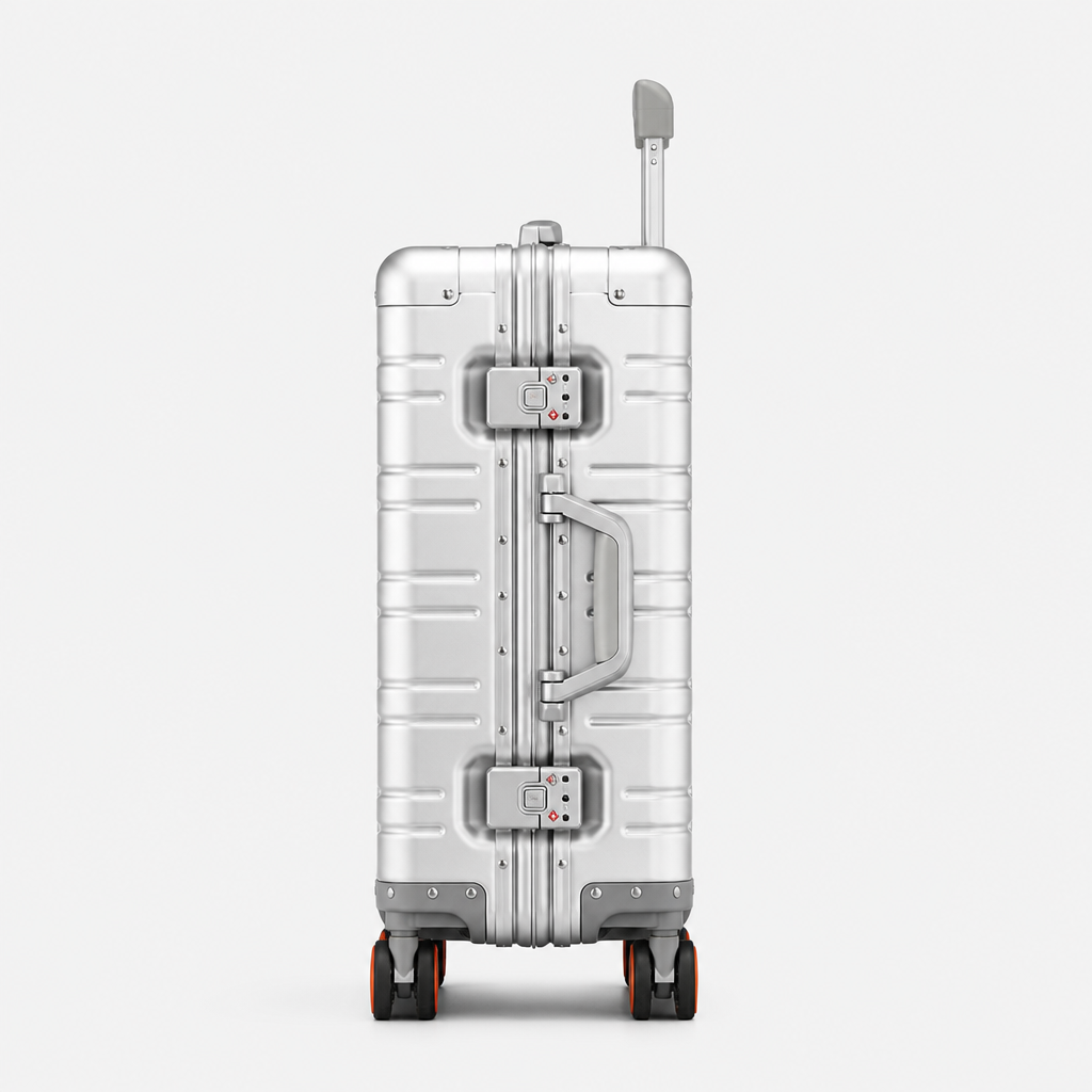 Valise cabine en aluminium argent, profil studio gris
