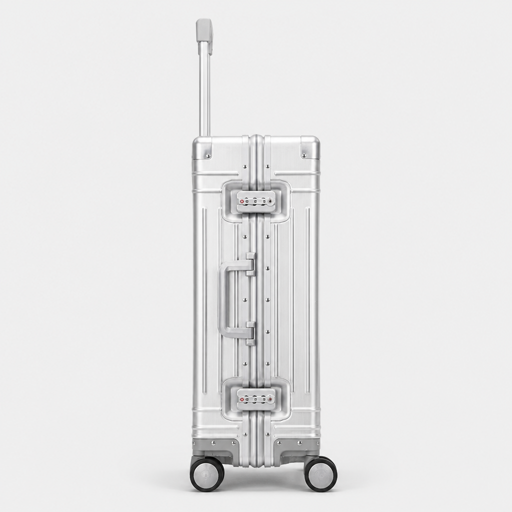 Valise coque en aluminium argent, profil studio gris