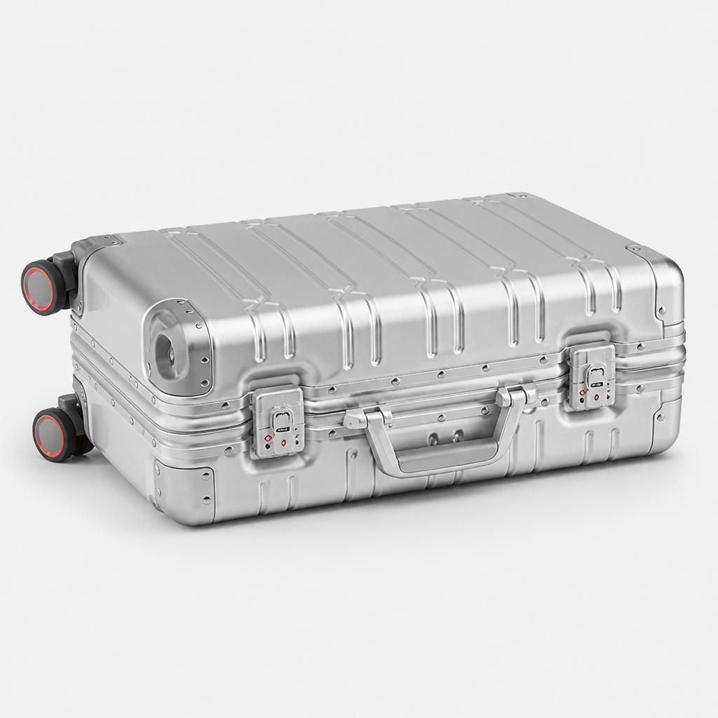Valise cabine en aluminium argent, sol studio gris