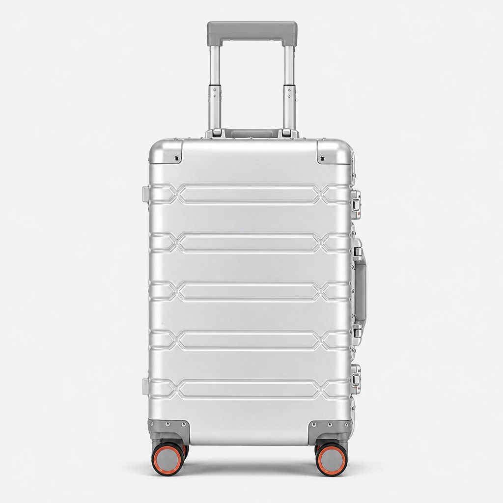 Valise cabine en aluminium argent, face studio gris