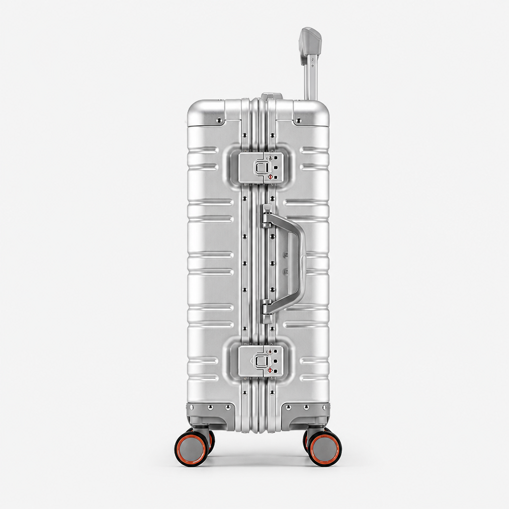 Valise cabine en aluminium argent, profil studio gris