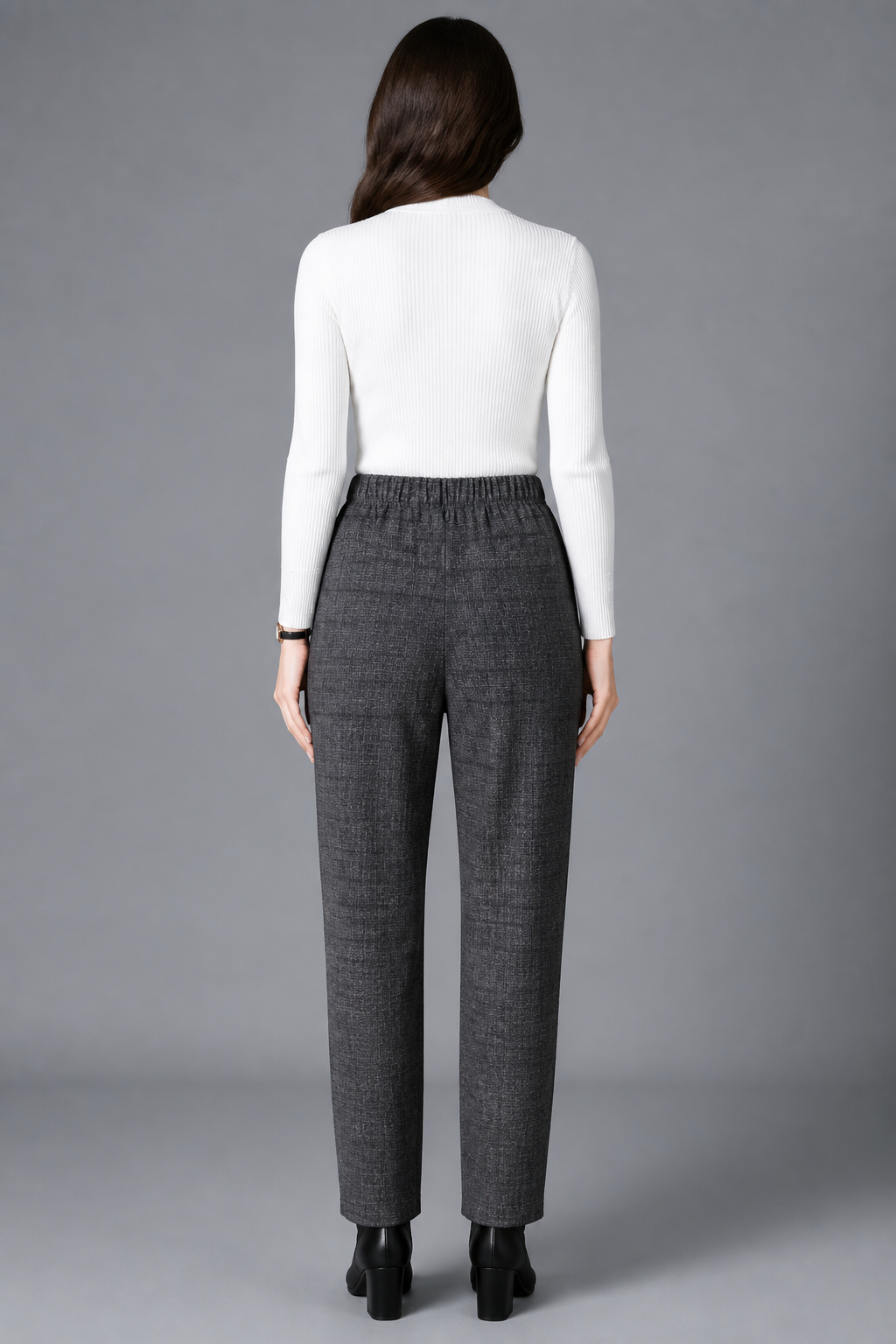 Pantalon droit taille haute à carreaux gris, studio dos