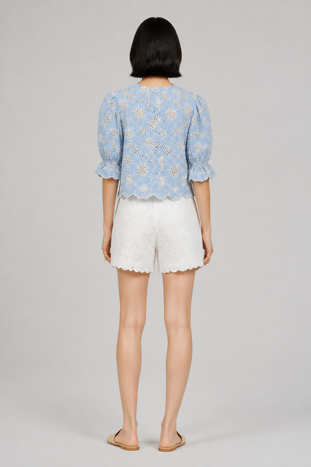 Chemise en dentelle bleu ciel à manches courtes, studio dos