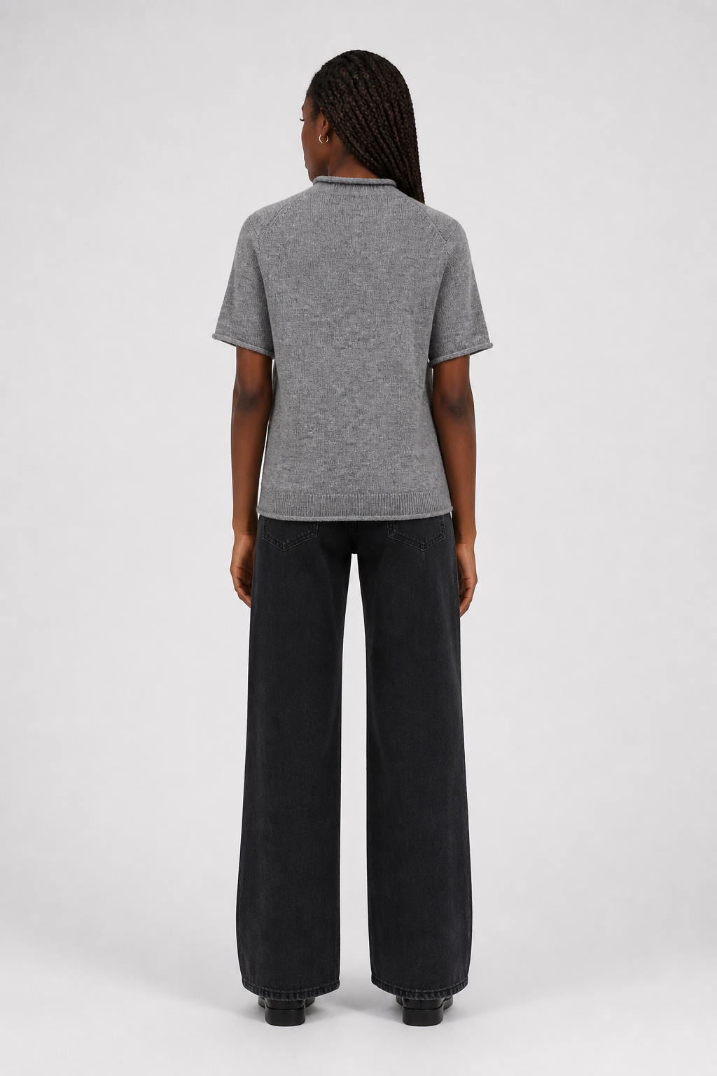 Pull manches courtes col montant gris, studio dos