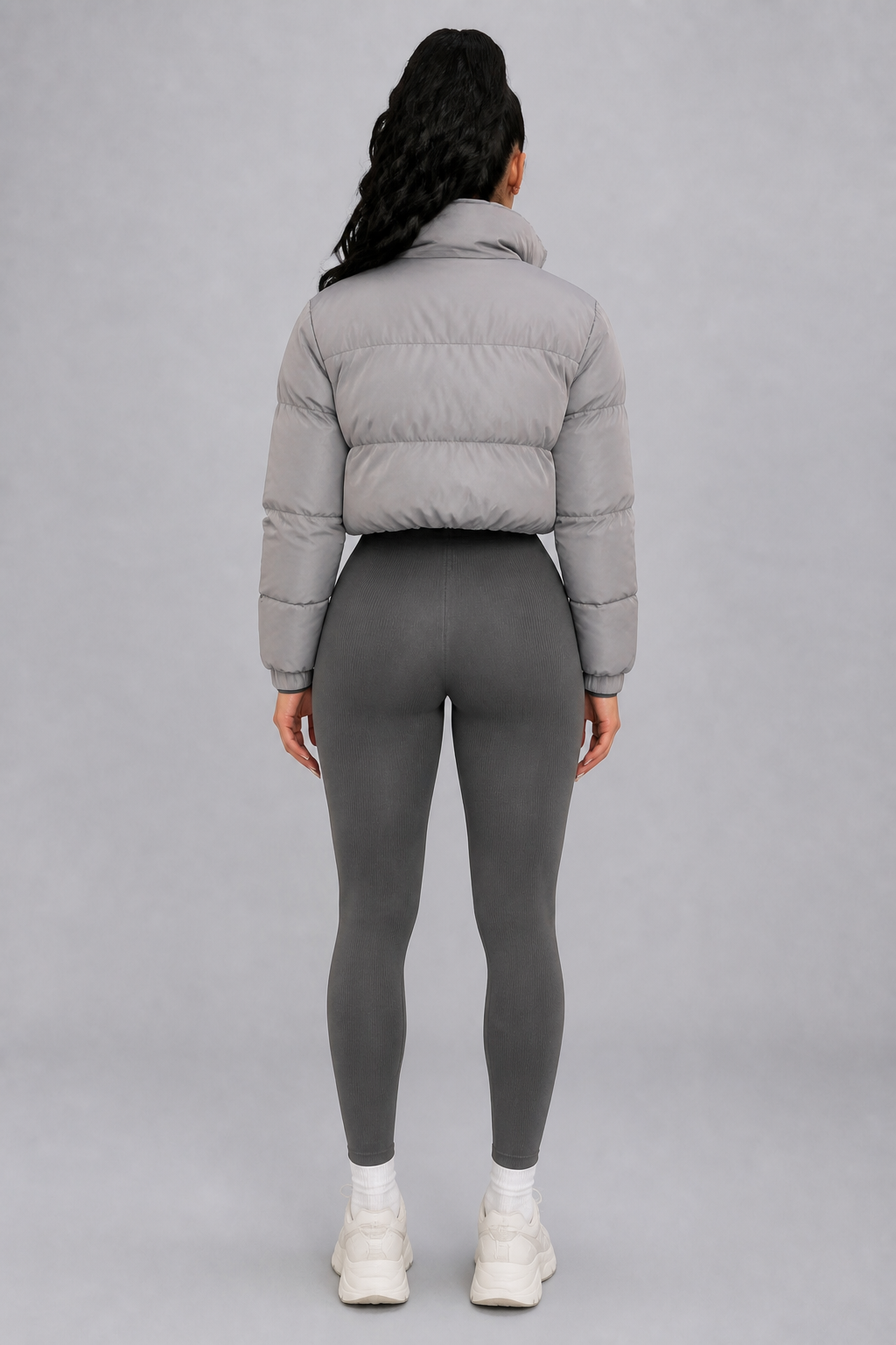 Doudoune courte zippée gris perle, studio dos