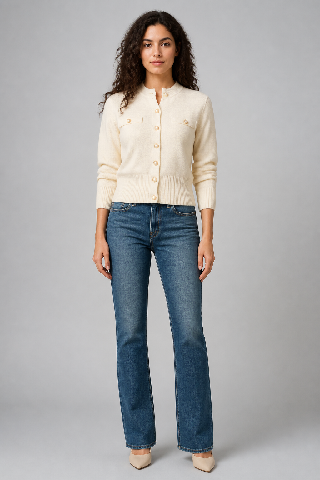 Gilet court boutonné beige à poches, studio face