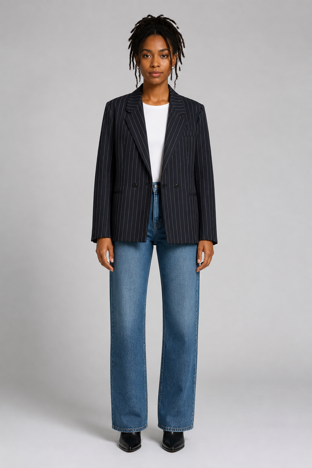 Blazer croisé à rayures bleu marine - Blue, studio face