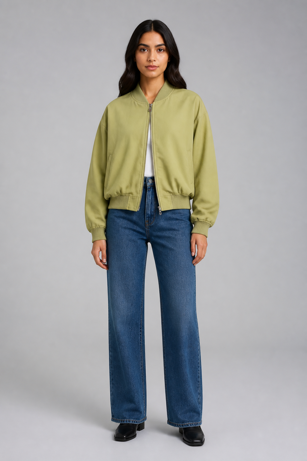 Veste bomber courte vert olive, studio face