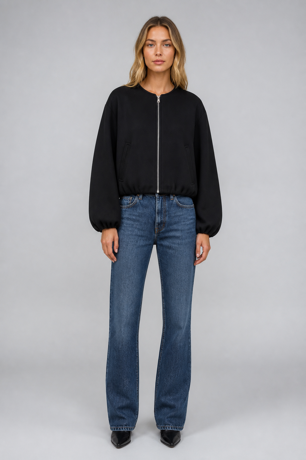 Bomber court zippé noir, studio face