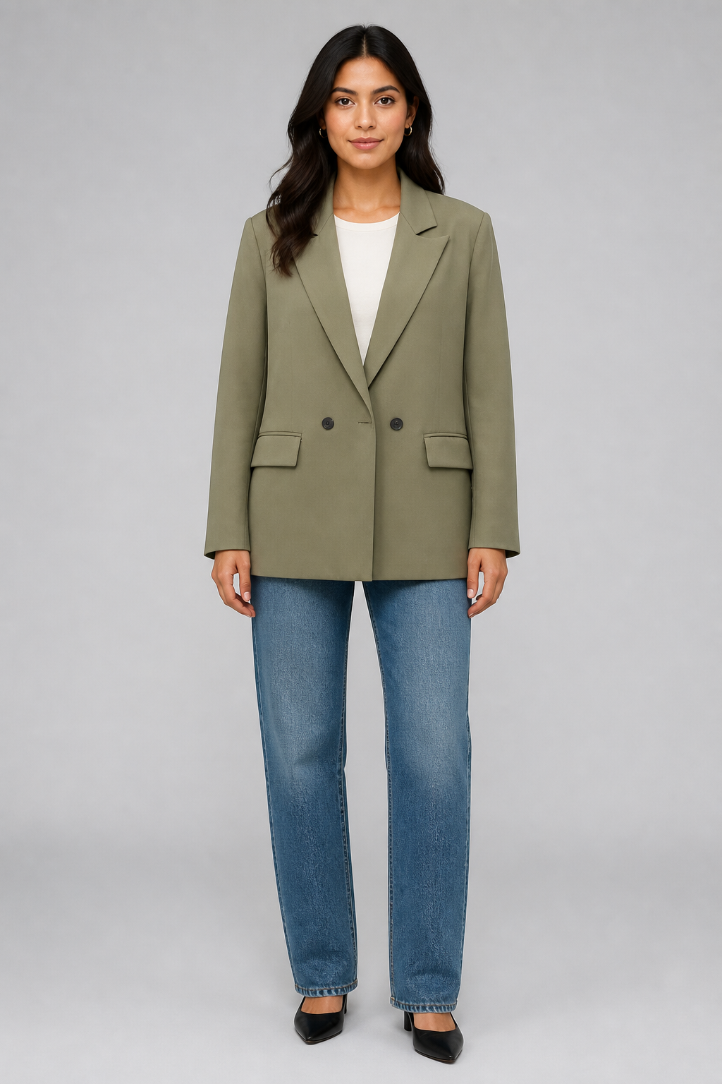 Blazer croisé vert olive à poches, studio face
