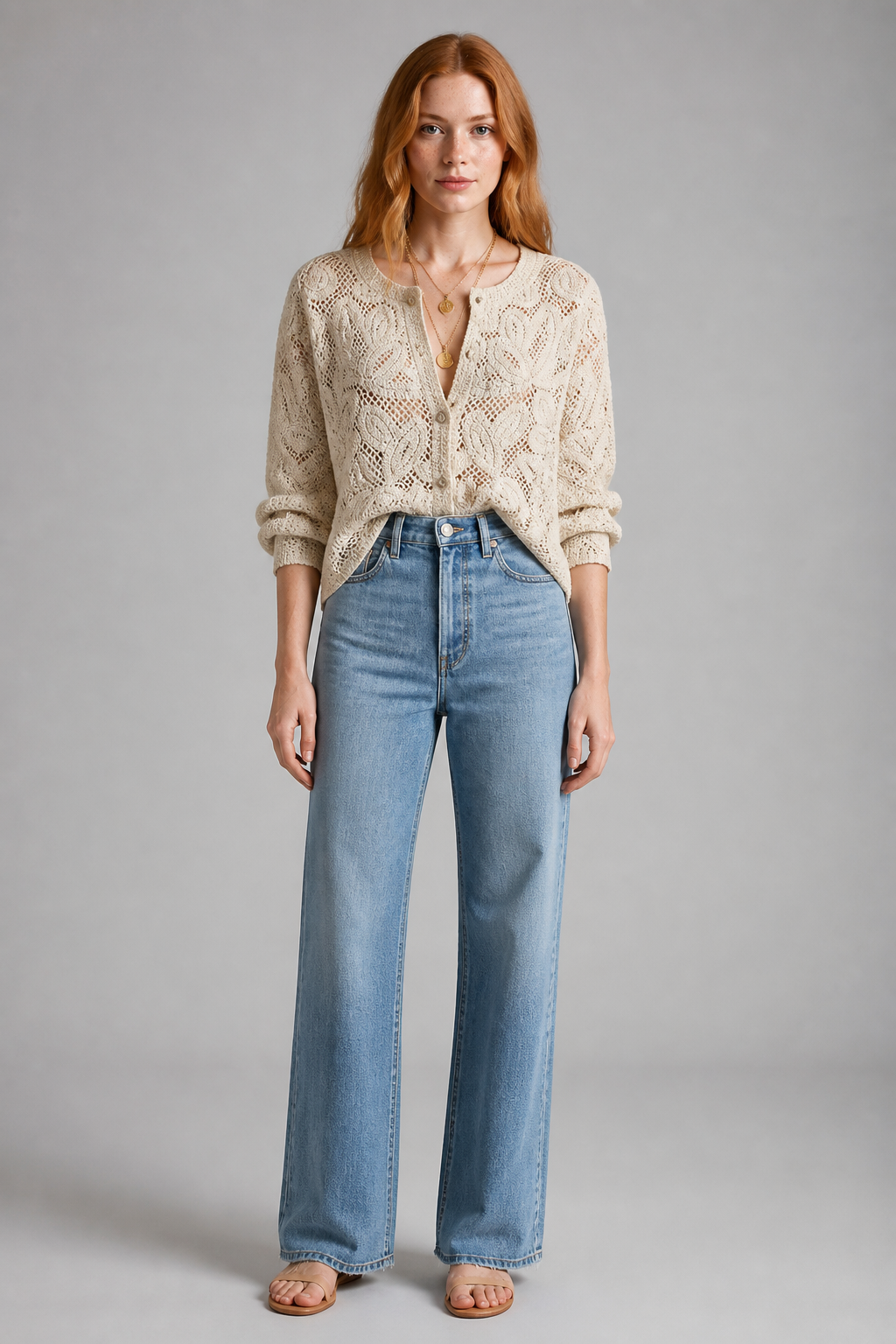 Chemise en dentelle beige à boutons, studio face