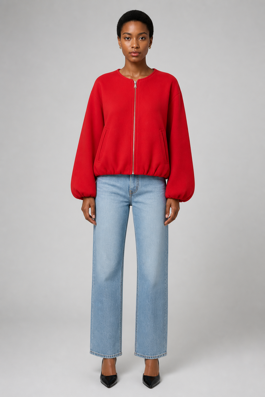 Bomber court zippé rouge, studio face