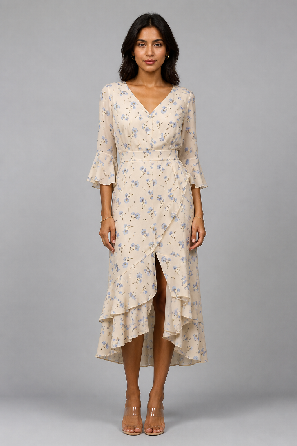 Robe midi fleurie à volants beige, studio face