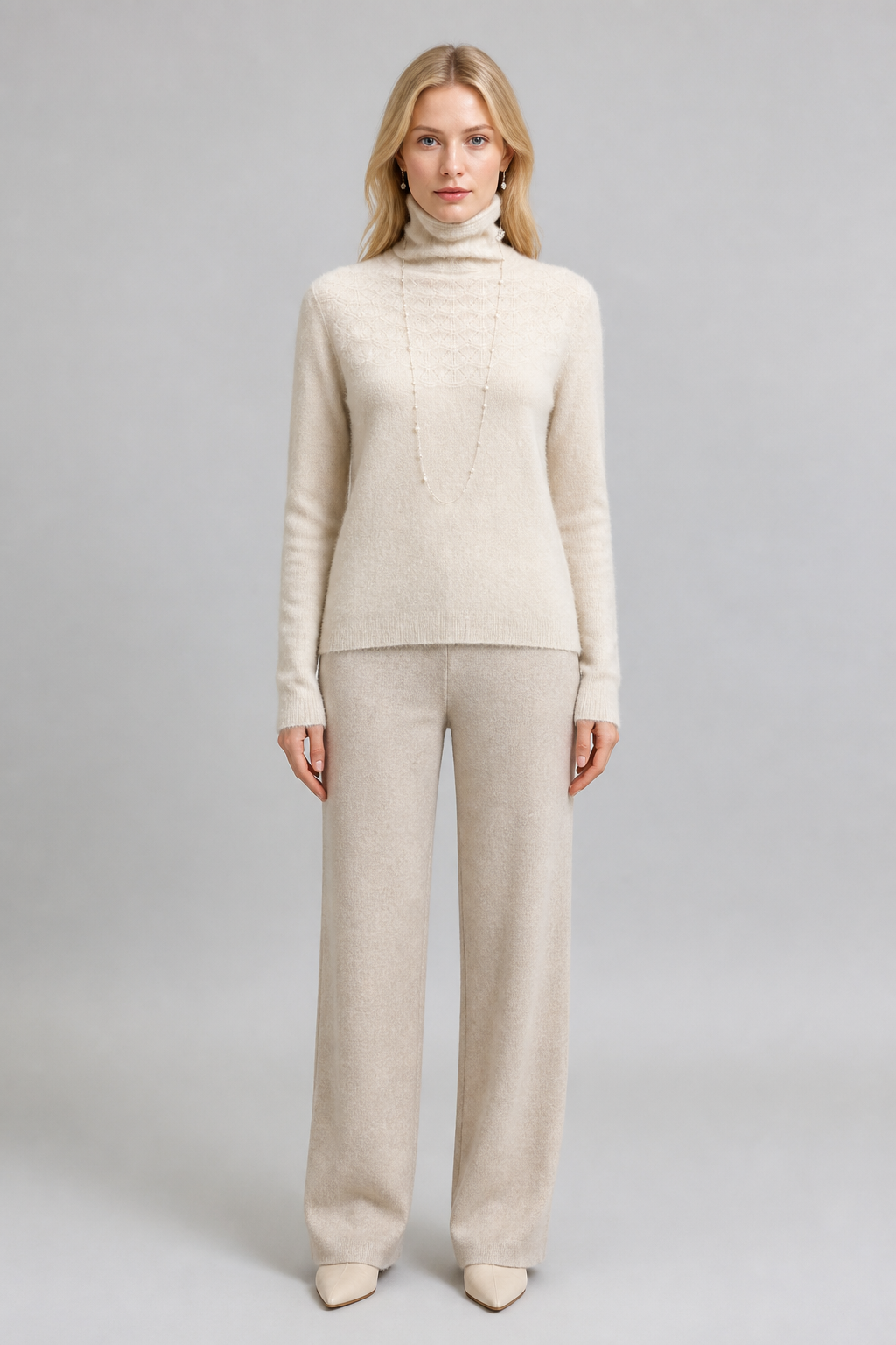 Pull en laine à col montant beige, studio face