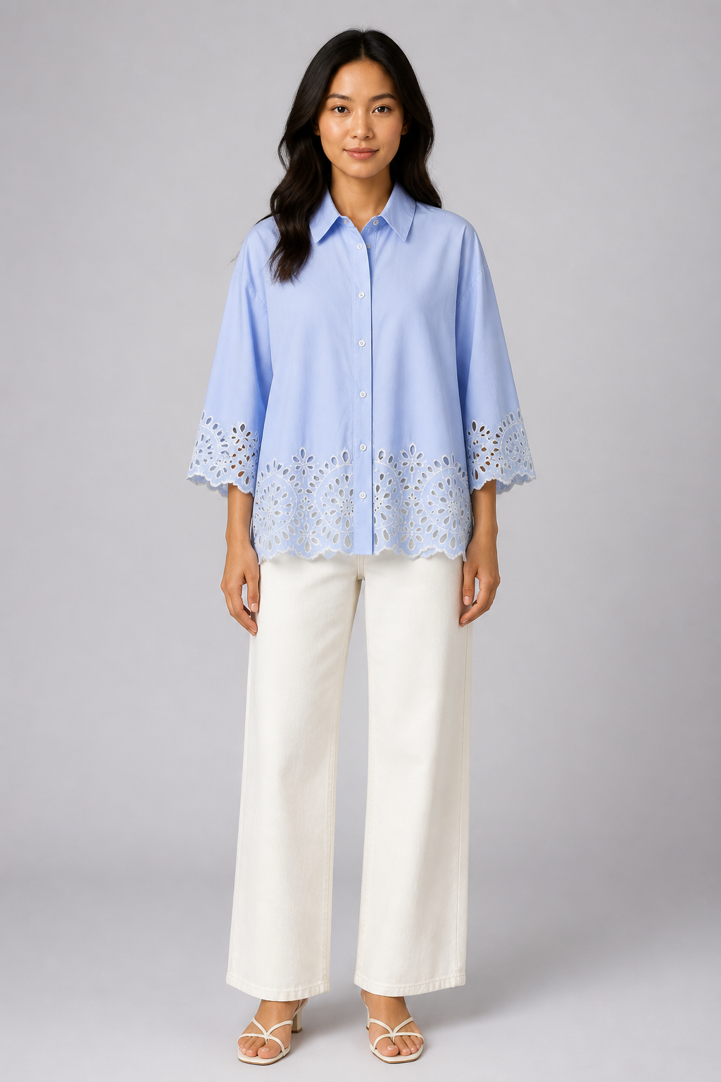 Chemise bleu ciel à détails de dentelle, studio face