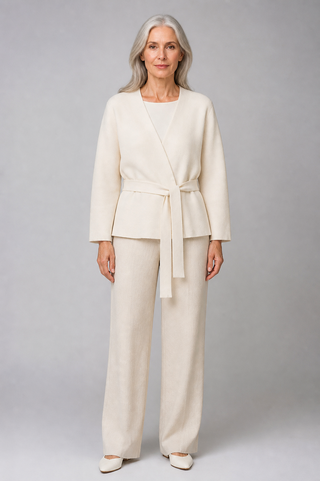 Blazer ceinturé à col V blanc - White, studio face