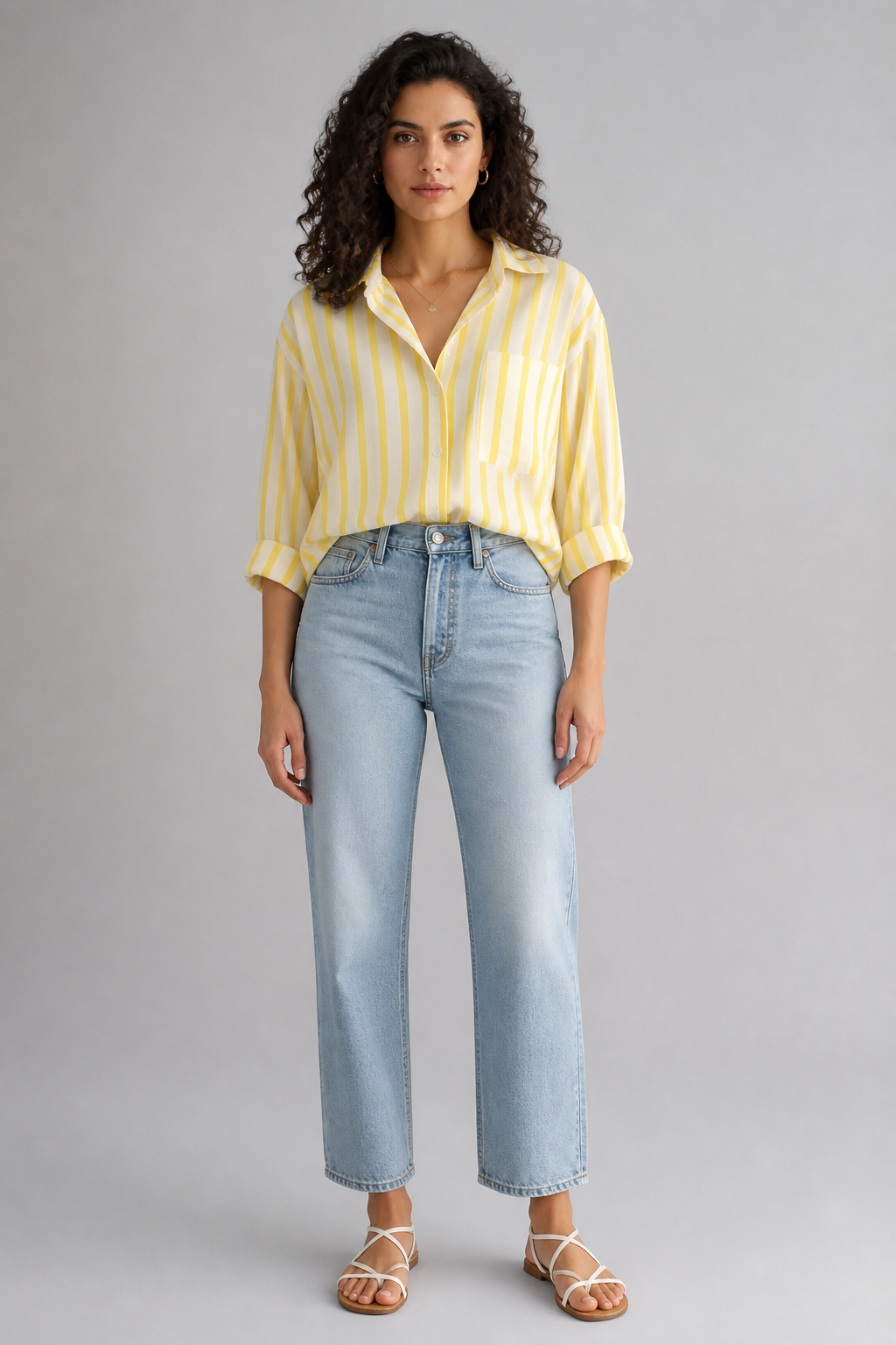 Chemise à rayures verticales jaune et blanc, studio face