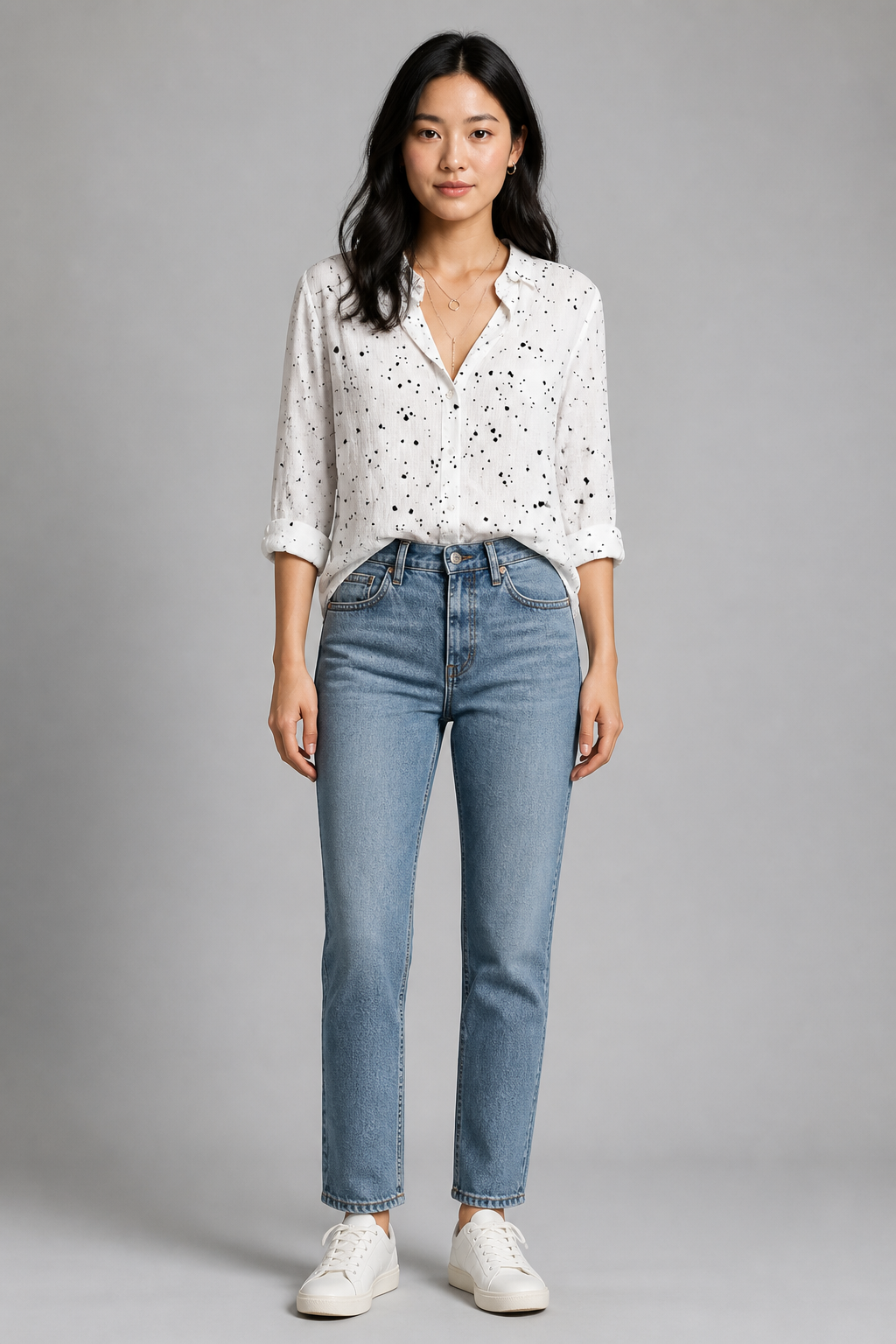 Chemise en lin blanc à pois noirs, studio face