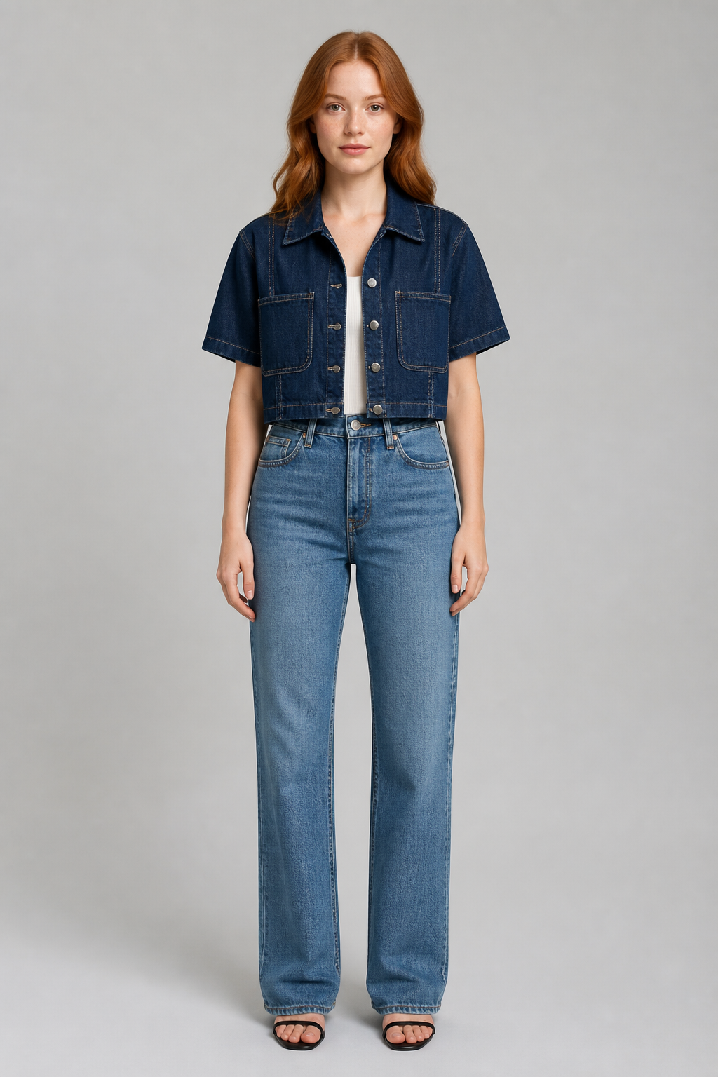 Chemise courte en denim bleu, studio face
