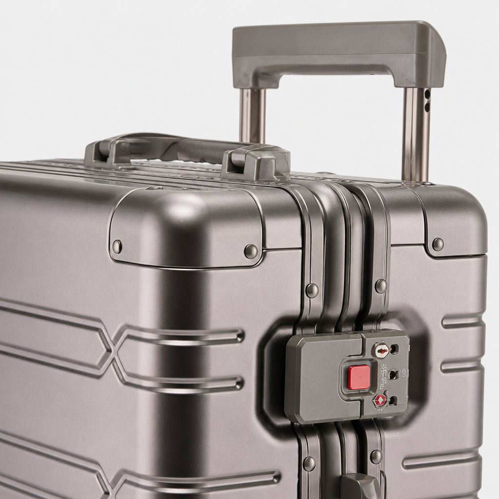 Valise cabine en aluminium or titane, gros plan studio gris
