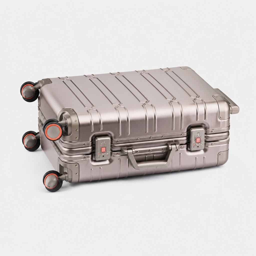Valise cabine en aluminium or titane, sol studio gris