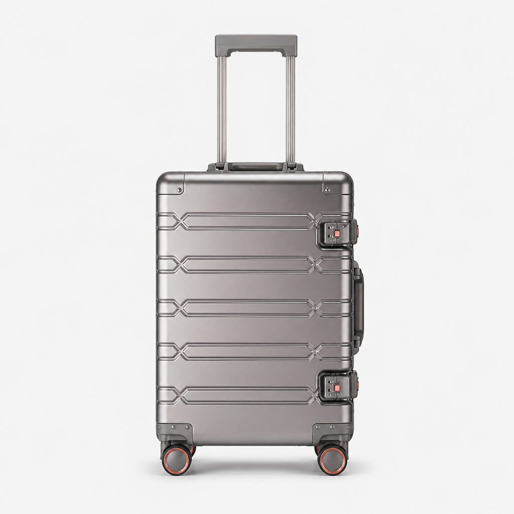 Valise cabine en aluminium or titane, face studio gris