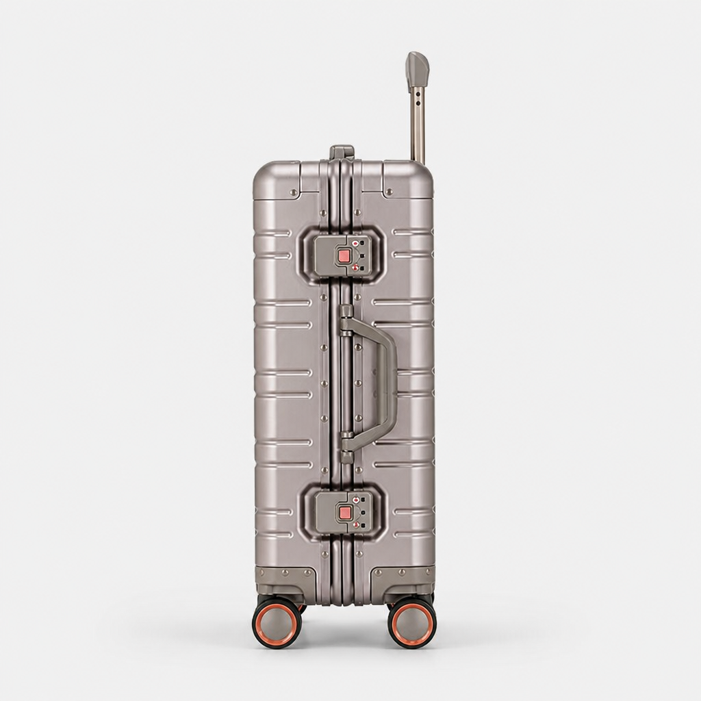 Valise cabine en aluminium or titane, profil studio gris