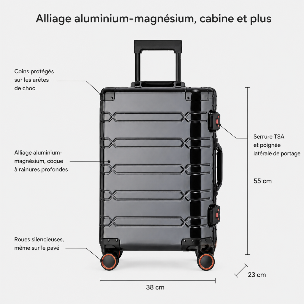 Valise cabine en aluminium noir, dimensions FR