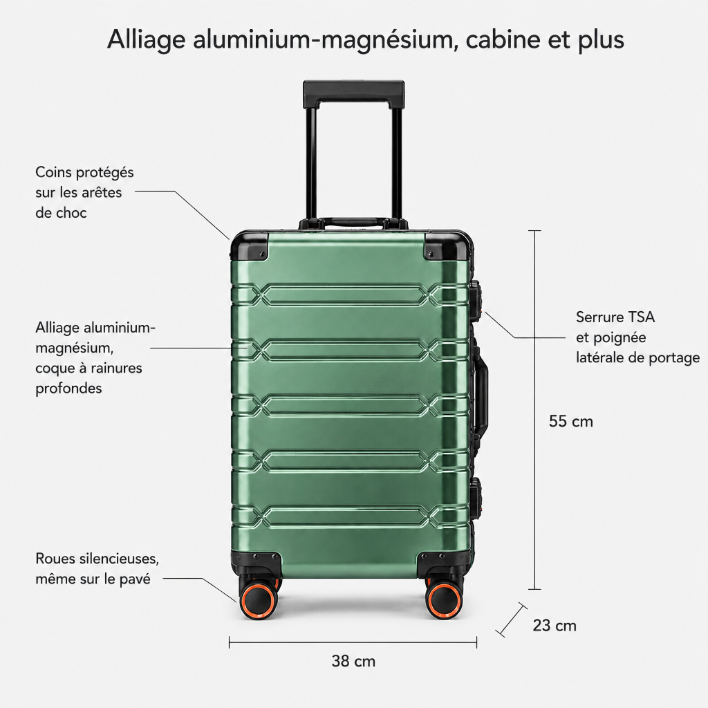 Valise cabine en aluminium vert foncé, dimensions FR