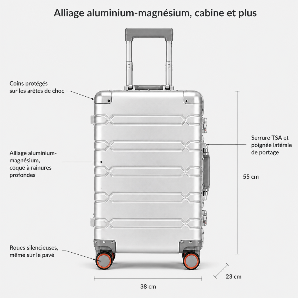 Valise cabine en aluminium argent, dimensions FR