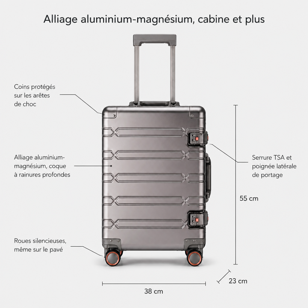 Valise cabine en aluminium or titane, dimensions FR