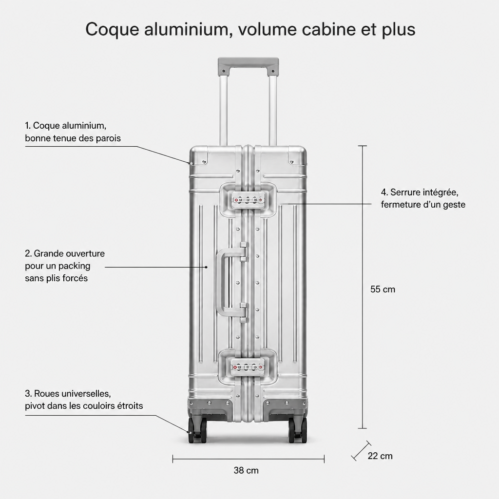Valise coque en aluminium argent, dimensions FR